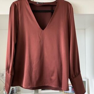 Zara Women's Deep Rust V-Neck Blouse